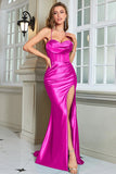 Fuchsia Mermaid Spaghetti Straps Long Ball Dress With Slit