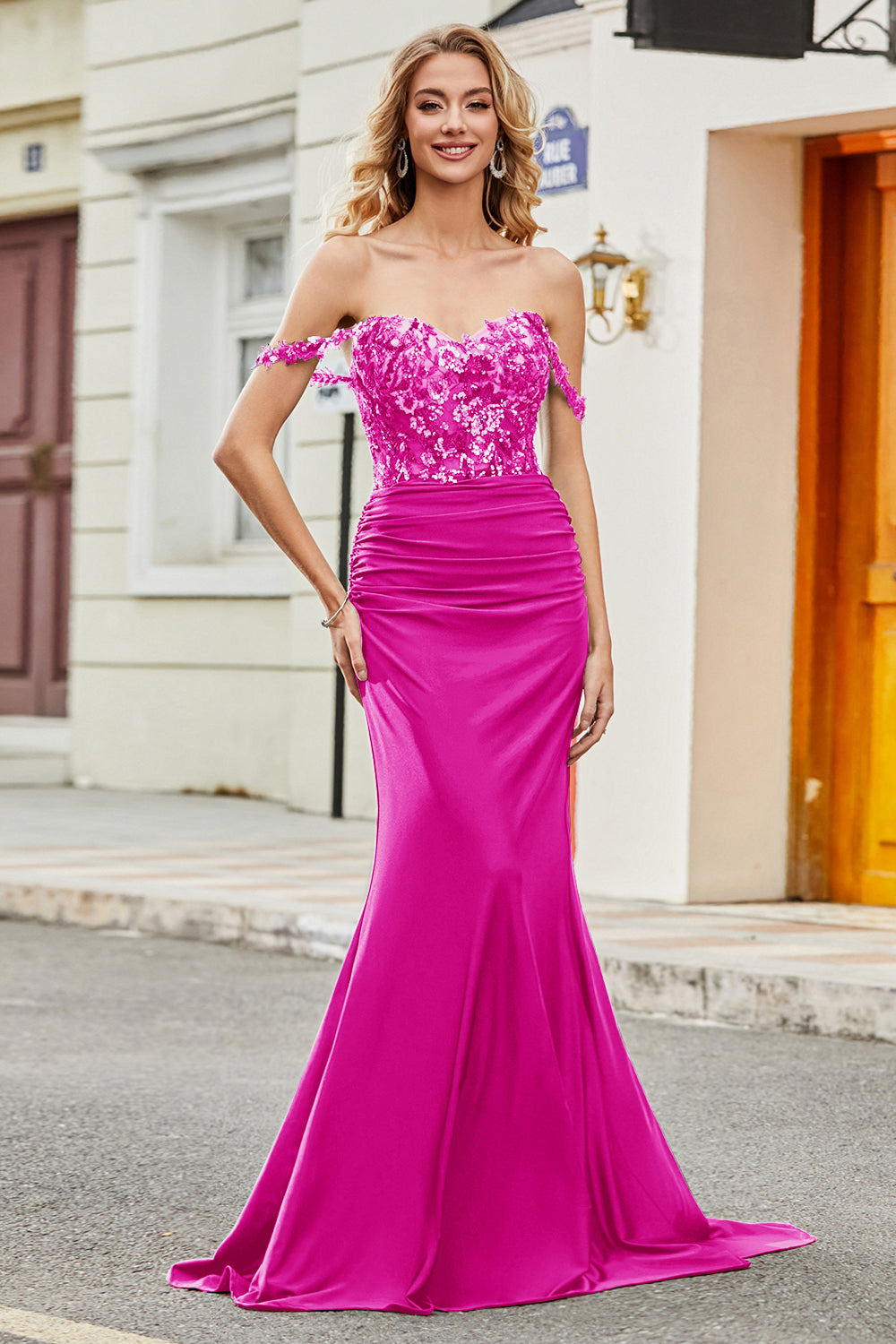 Fuchsia Mermaid Off The Shoulder Long Ball Dress with Sequins