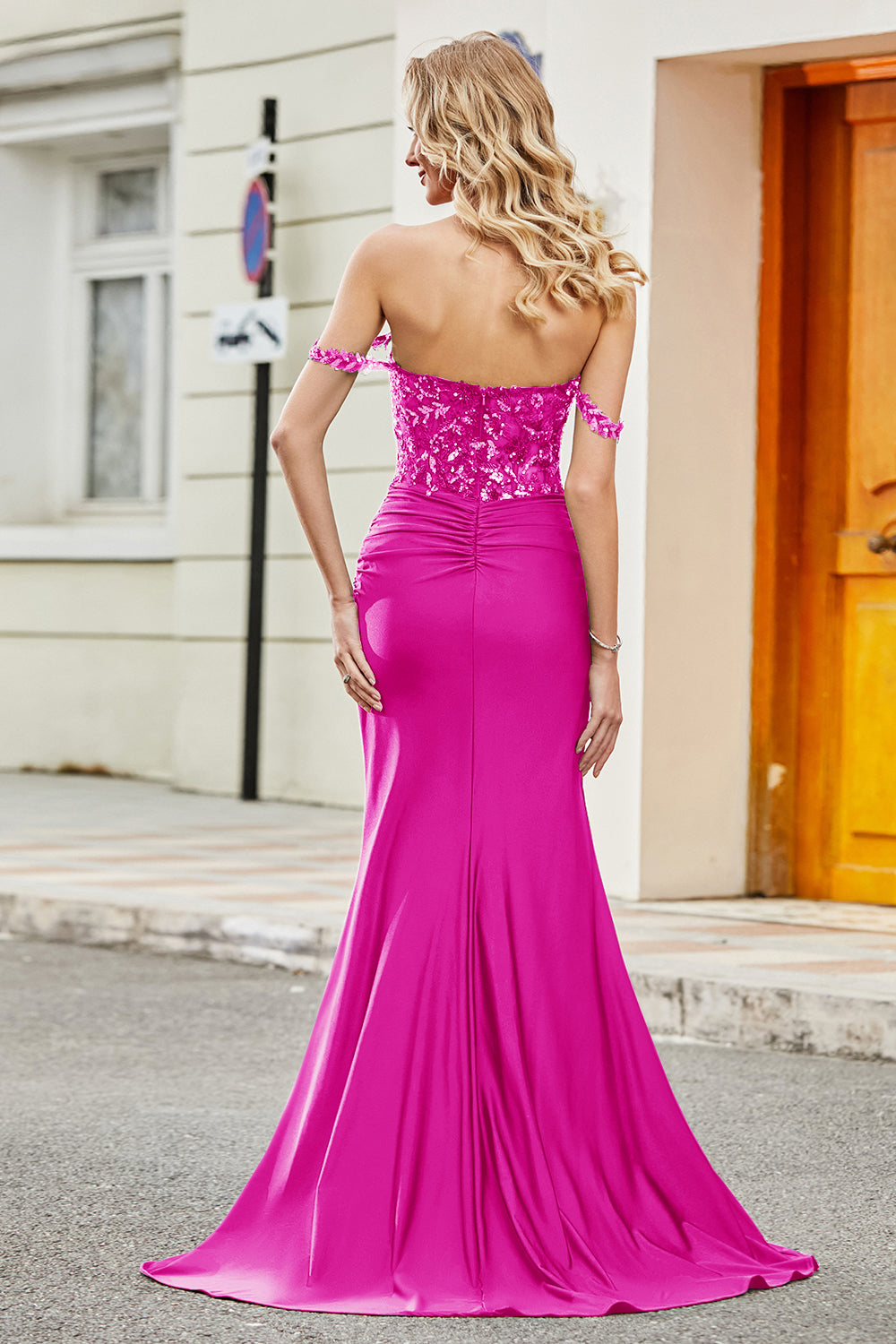 Fuchsia Mermaid Off The Shoulder Long Ball Dress with Sequins