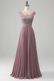 Blush A-Line Beaded Chiffon Ball Dress With Appliques