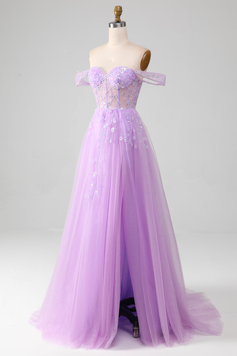 Lavender A Line Off the Shoulder Tulle Ball Dress with Slit