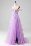 Lavender A Line Off the Shoulder Tulle Ball Dress with Slit