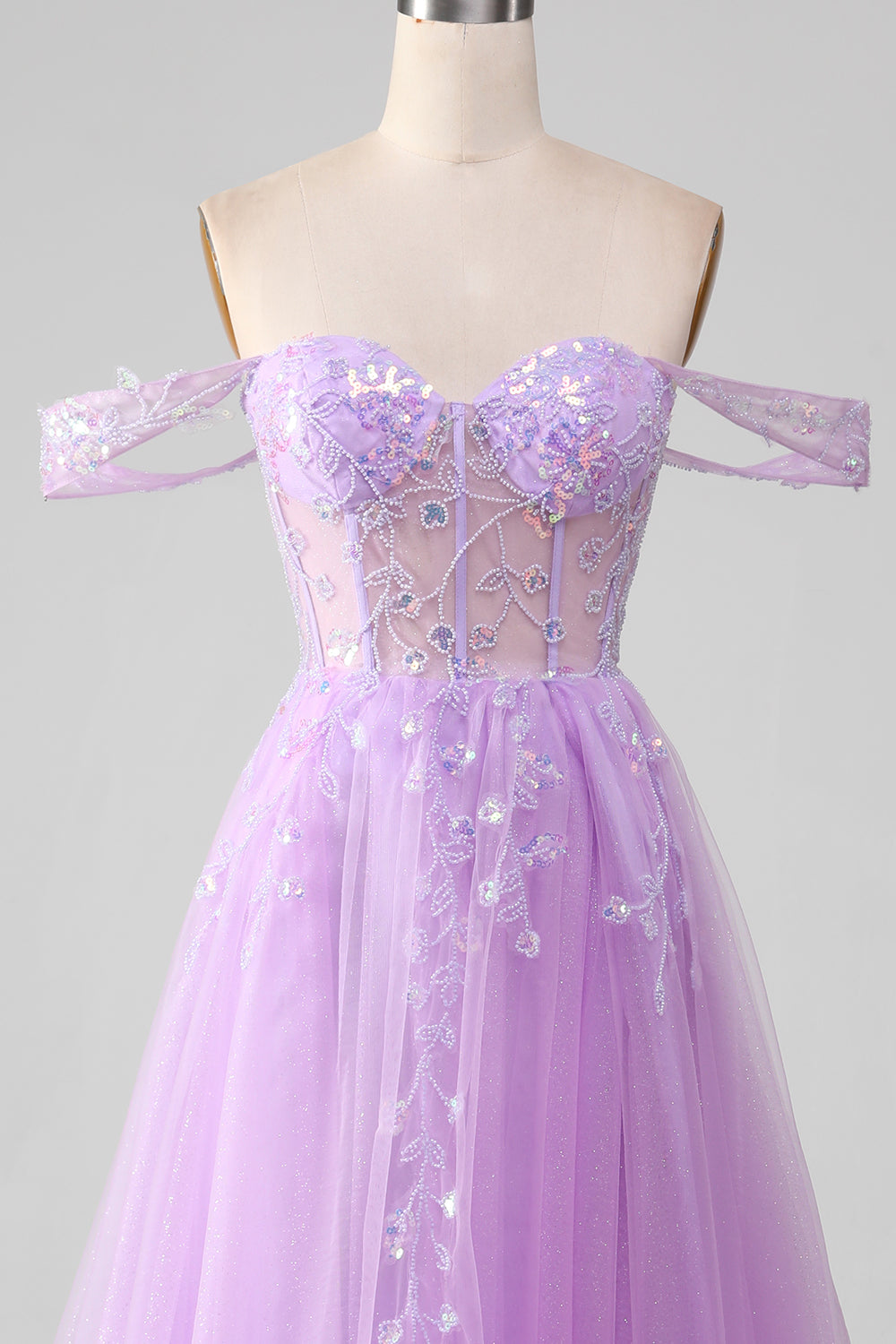 Lavender A Line Off the Shoulder Tulle Ball Dress with Slit