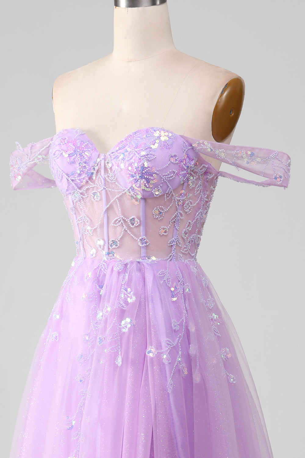 Lavender A Line Off the Shoulder Tulle Ball Dress with Slit