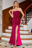 Mermaid Strapless Sequins Long Royal Blue Ball Dress With Slit