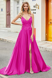Fuchsia A Line Spaghetti Straps Long Ball Dress with Appliques