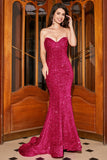 Strapless Sequin Red Mermaid Long Ball Dress