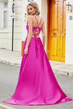 Fuchsia A Line Spaghetti Straps Long Ball Dress with Appliques