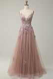 A Line Spaghetti Straps Blush Long Ball Dress with Appliques