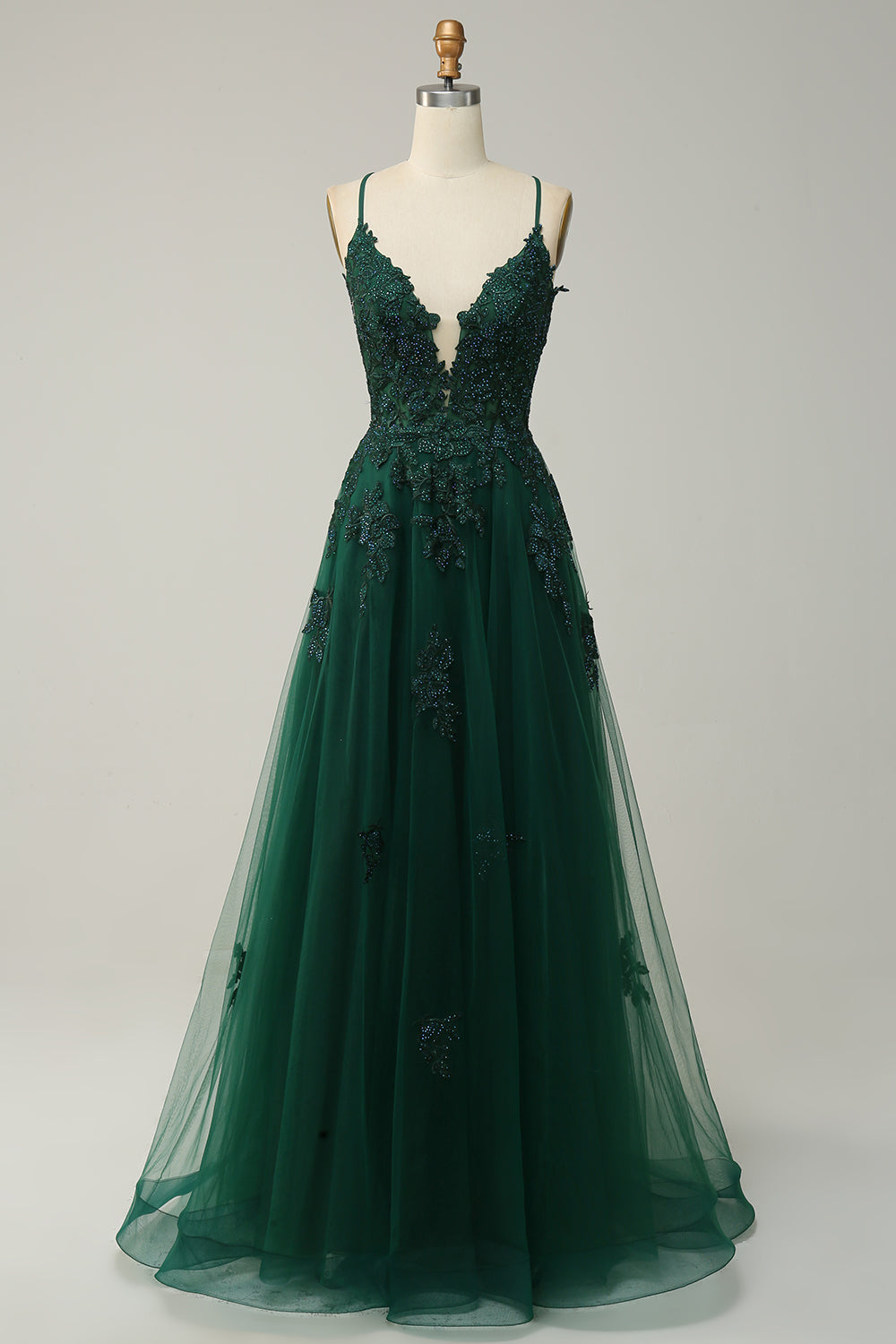 A Line Spaghetti Straps Dark Green Long Ball Dress with Criss Cross Back