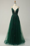 A Line Spaghetti Straps Dark Green Long Ball Dress with Criss Cross Back
