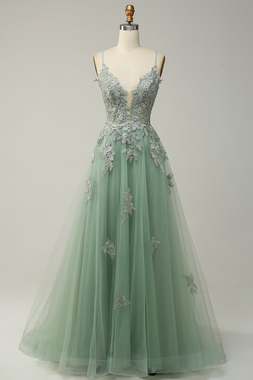 A Line Spaghetti Straps Dark Green Long Ball Dress with Criss Cross Back