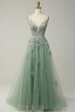 A Line Spaghetti Straps Green Long Ball Dress with Criss Cross Back