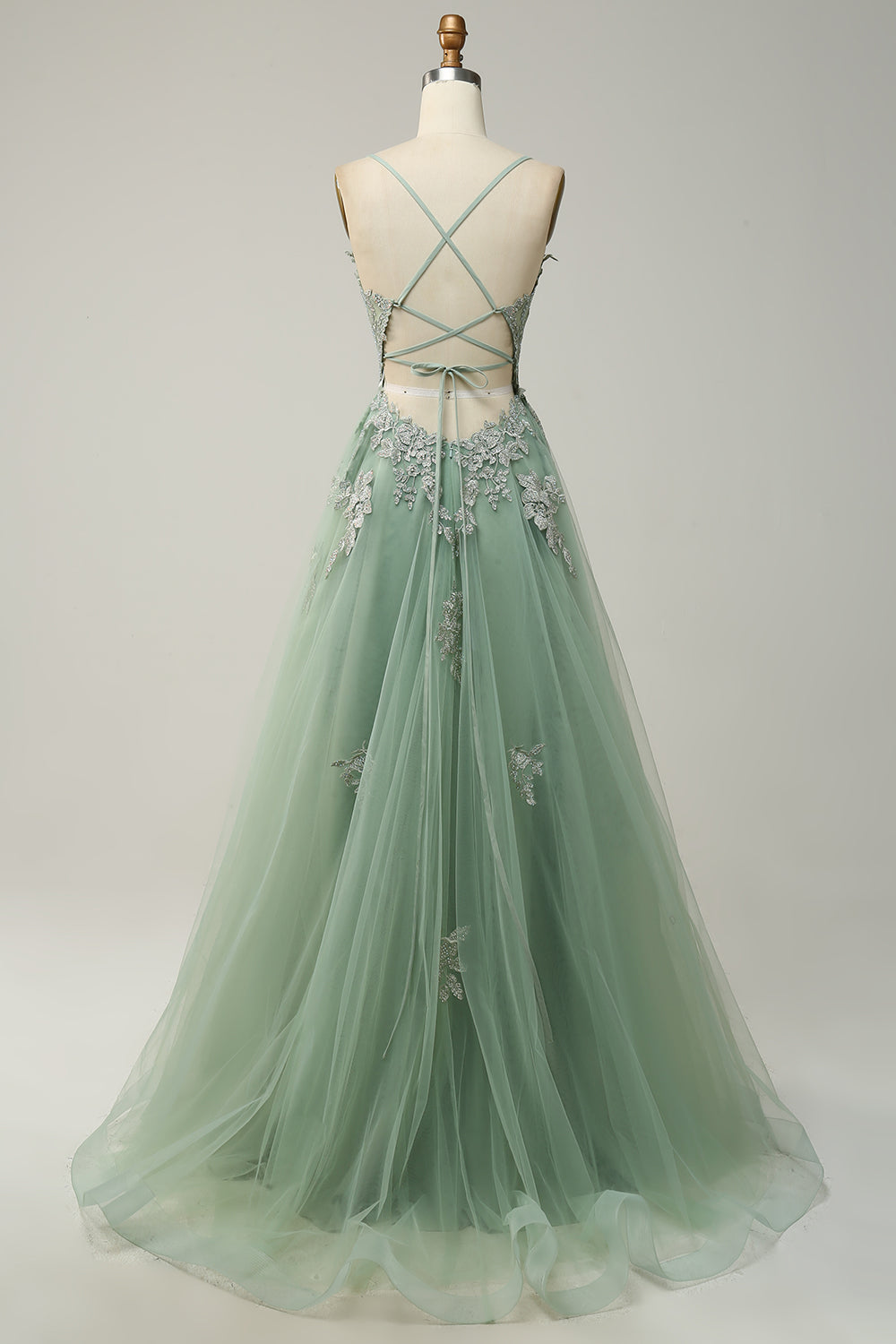 Spaghetti Straps A Line Grey Blue Long Ball Dress with Criss Cross Back
