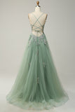 Spaghetti Straps A Line Grey Blue Long Ball Dress with Criss Cross Back