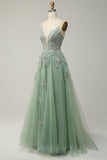 A Line Spaghetti Straps Dark Green Long Ball Dress with Criss Cross Back
