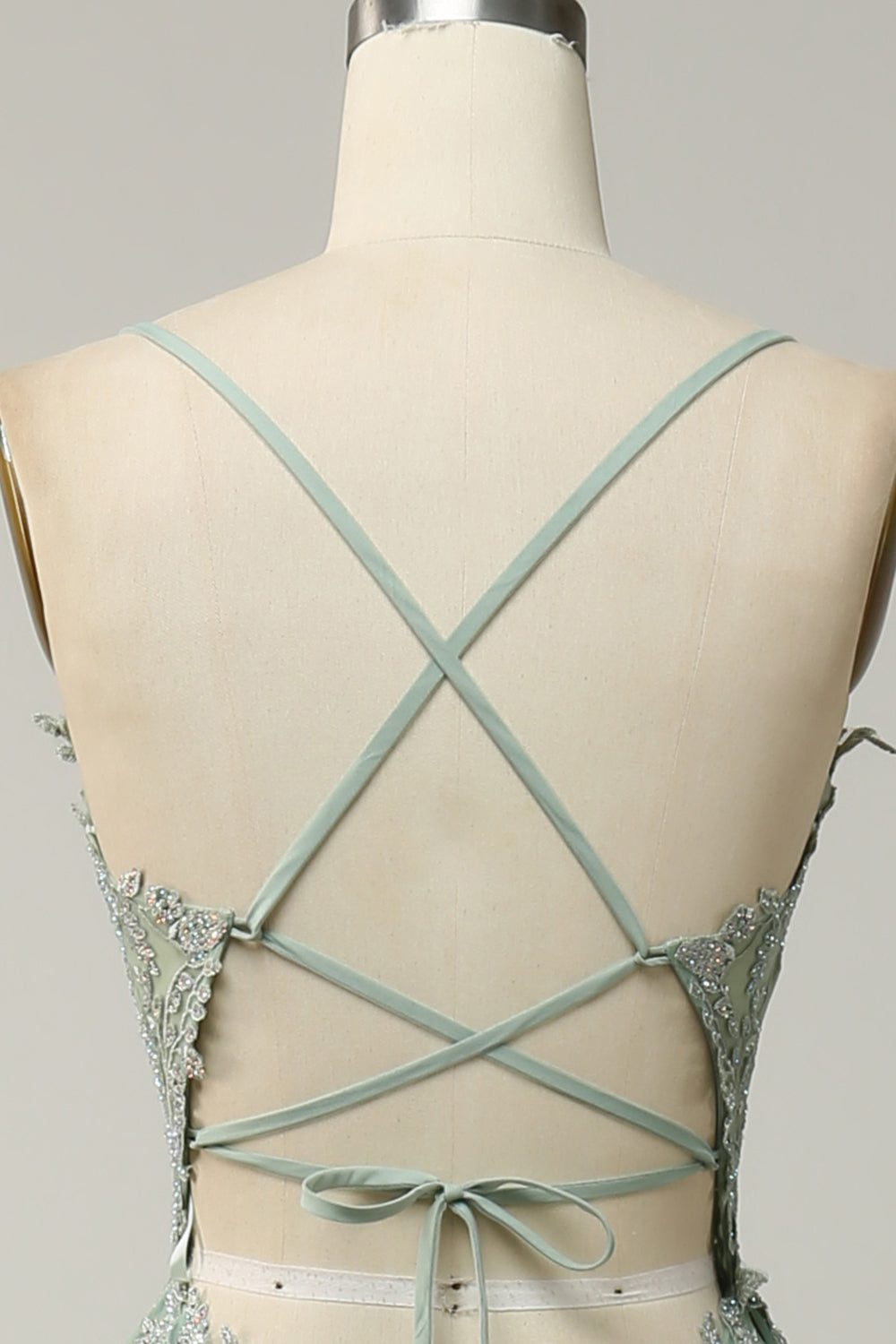 A Line Spaghetti Straps Green Long Ball Dress with Criss Cross Back