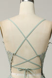 A Line Spaghetti Straps Green Long Ball Dress with Criss Cross Back