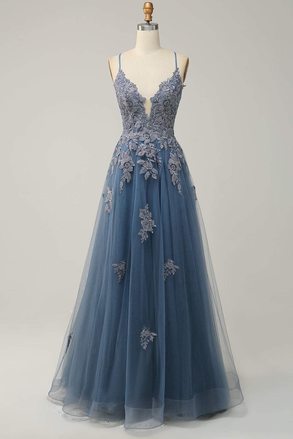 Spaghetti Straps A Line Grey Blue Long Ball Dress with Criss Cross Back