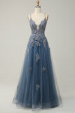 Spaghetti Straps A Line Grey Blue Long Ball Dress with Criss Cross Back