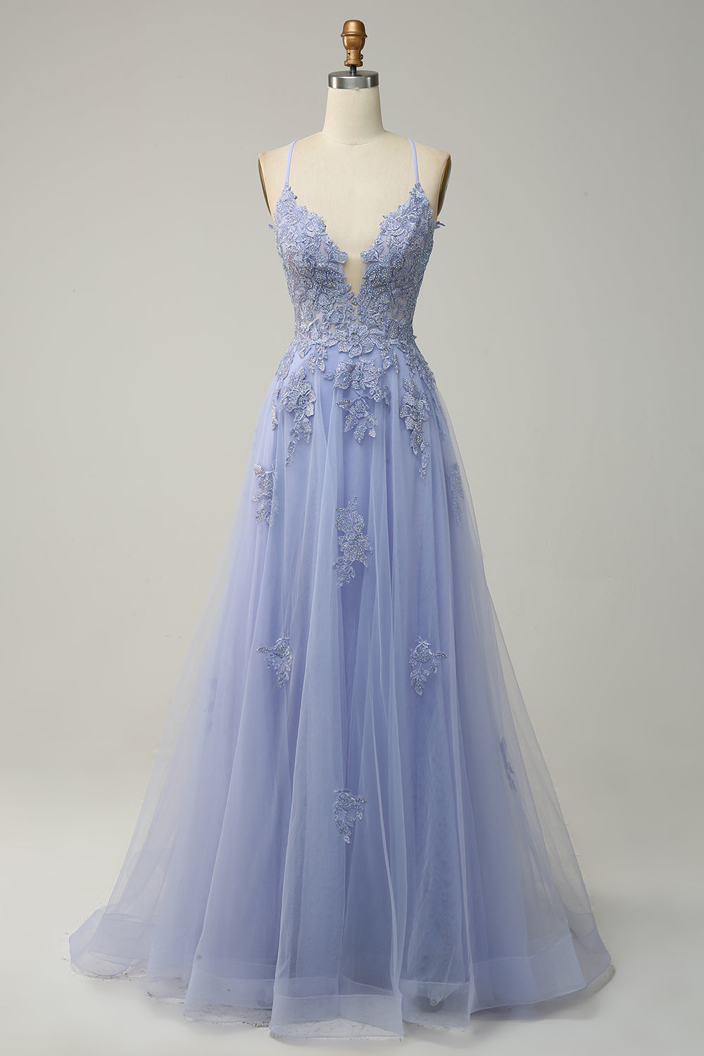 Spaghetti Straps A Line Light Purple Long Ball Dress with Criss Cross Back