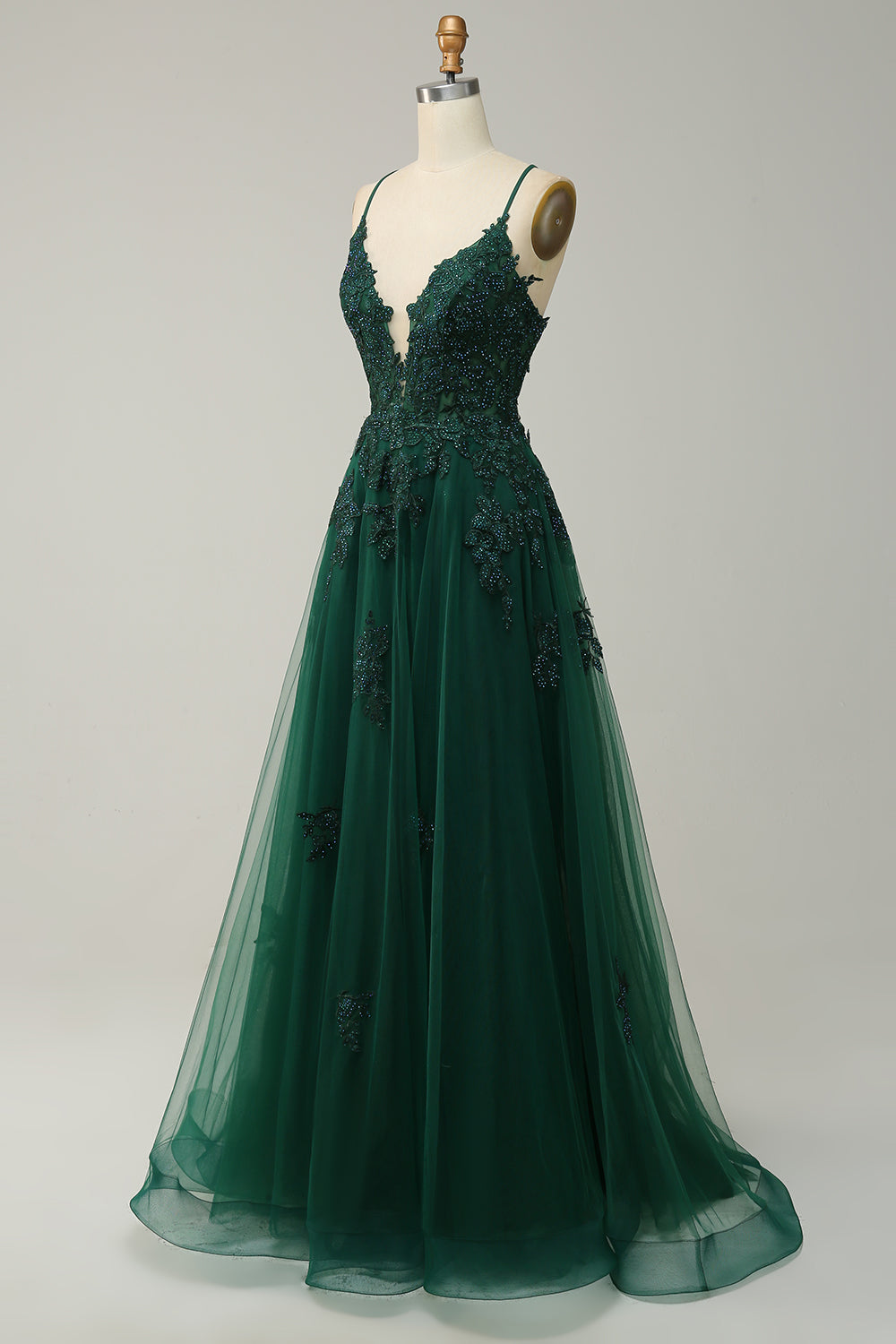 A Line Spaghetti Straps Dark Green Long Ball Dress with Criss Cross Back