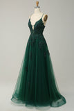 A Line Spaghetti Straps Dark Green Long Ball Dress with Criss Cross Back