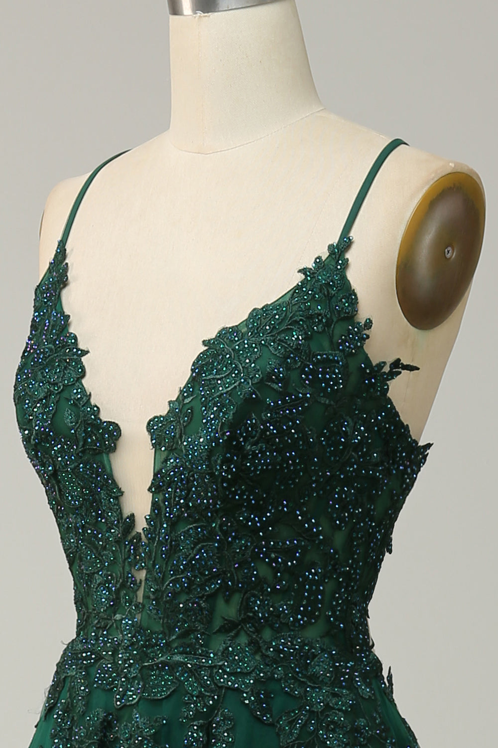 A Line Spaghetti Straps Dark Green Long Ball Dress with Criss Cross Back