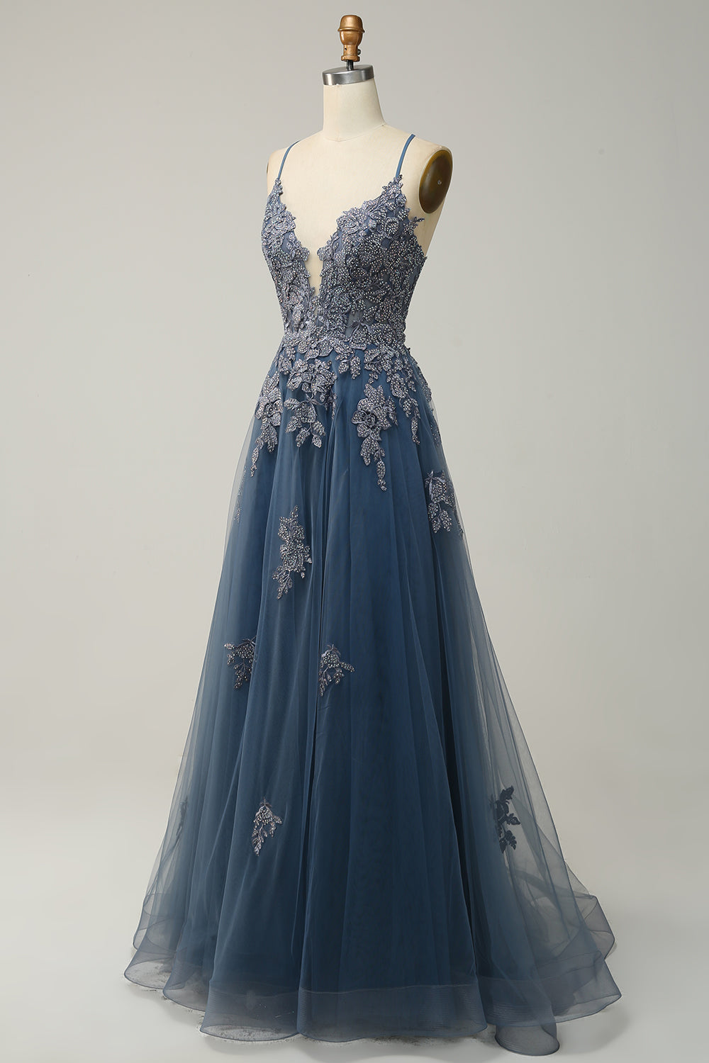 Spaghetti Straps A Line Grey Blue Long Ball Dress with Criss Cross Back