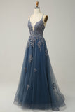 Spaghetti Straps A Line Grey Blue Long Ball Dress with Criss Cross Back