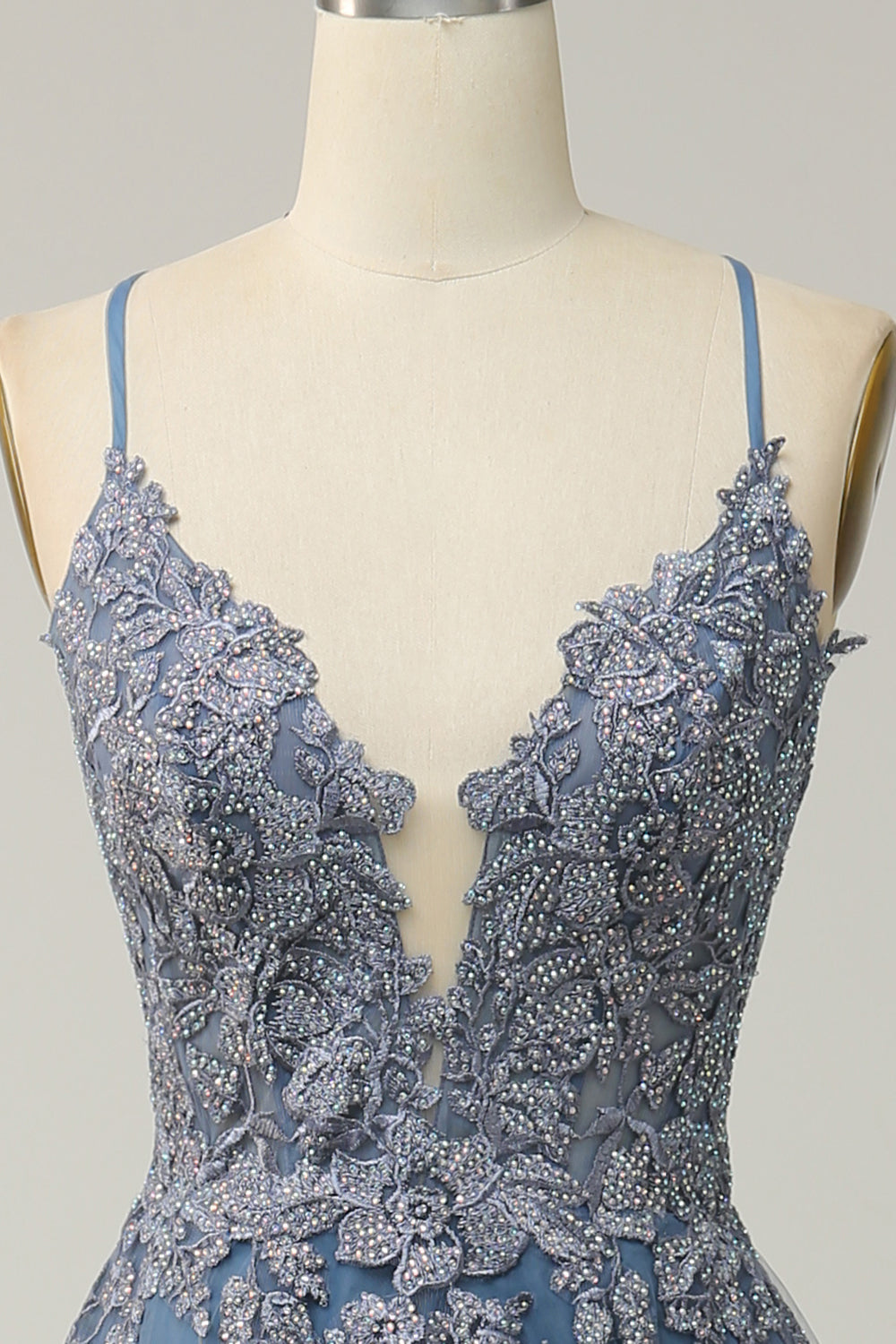 Spaghetti Straps A Line Grey Blue Long Ball Dress with Criss Cross Back