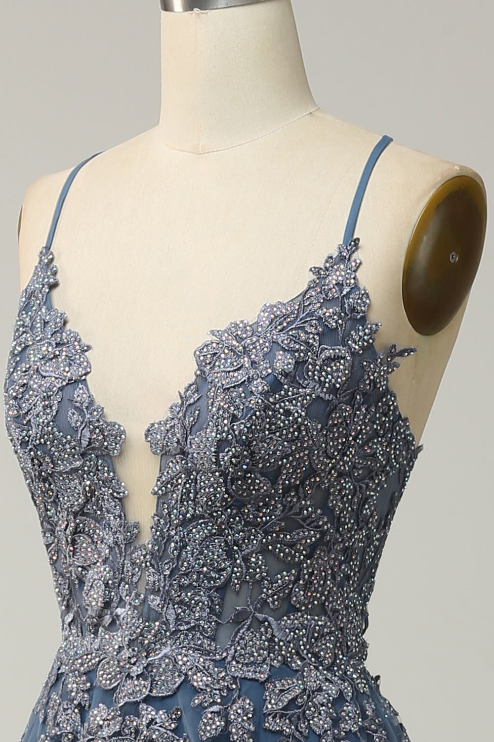 Spaghetti Straps A Line Grey Blue Long Ball Dress with Criss Cross Back