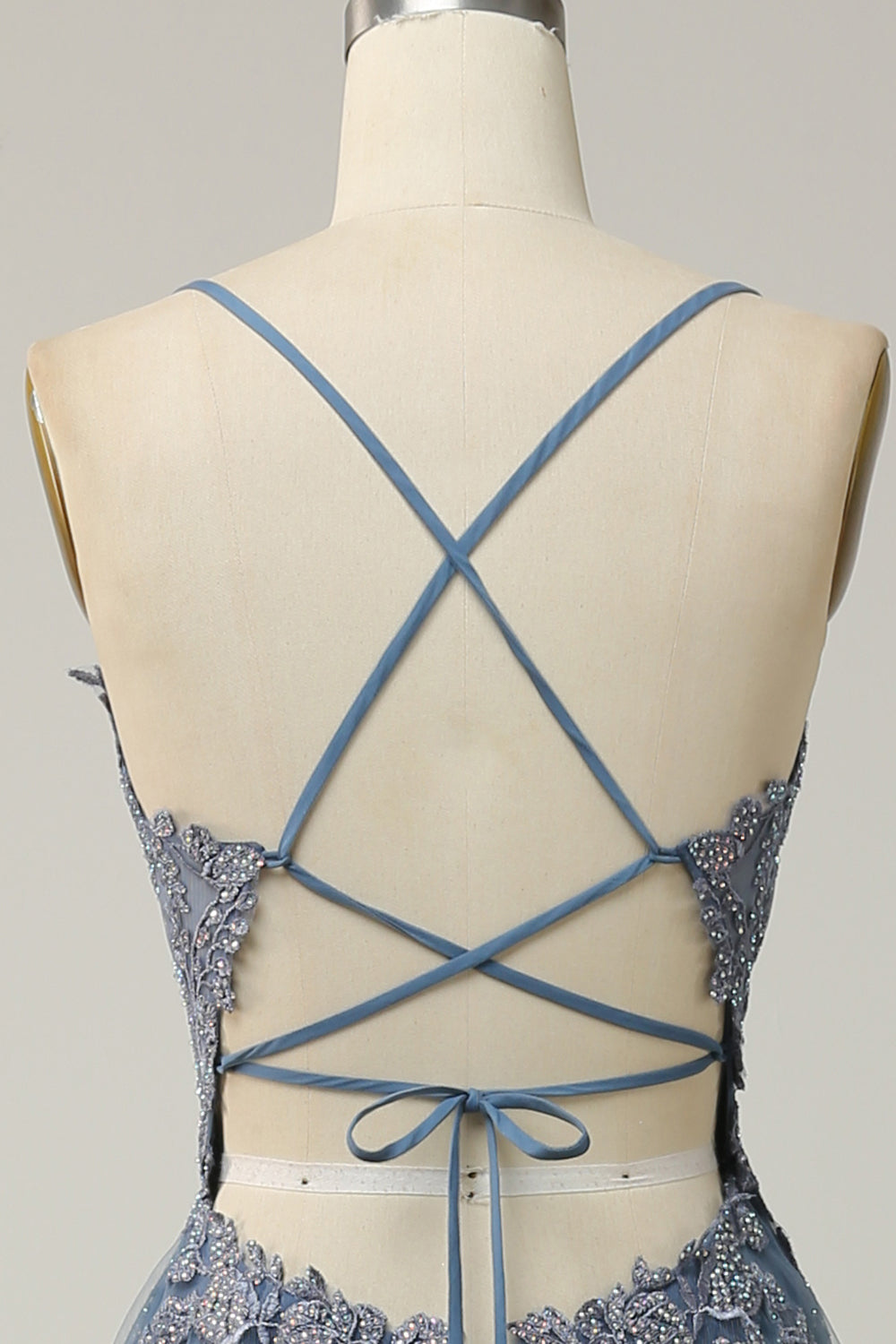 Spaghetti Straps A Line Grey Blue Long Ball Dress with Criss Cross Back