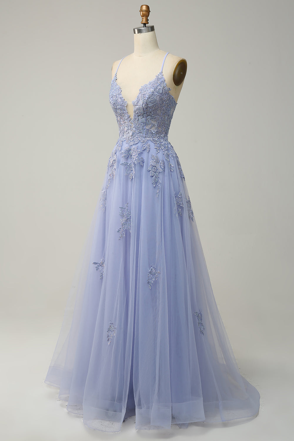 Spaghetti Straps A Line Light Purple Long Ball Dress with Criss Cross Back