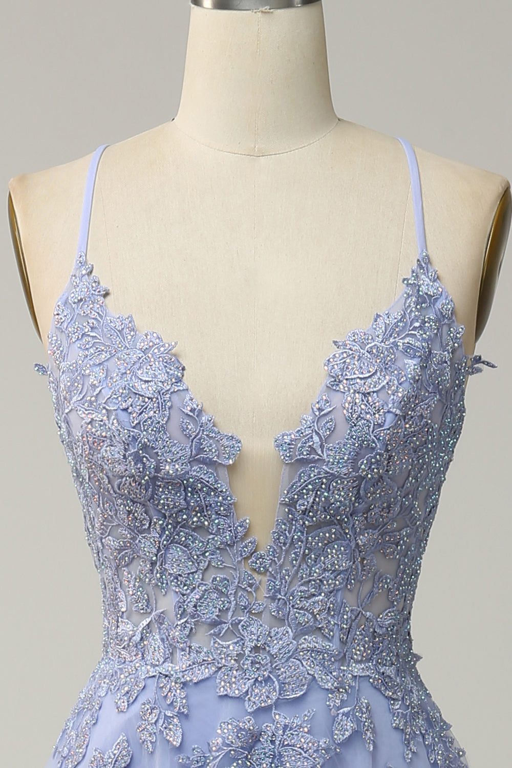 Spaghetti Straps A Line Light Purple Long Ball Dress with Criss Cross Back