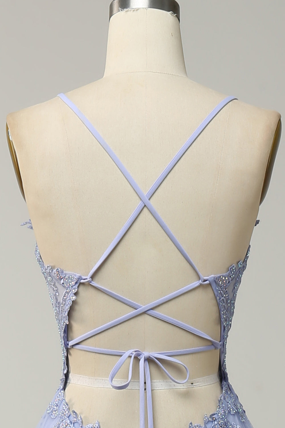 Spaghetti Straps A Line Light Purple Long Ball Dress with Criss Cross Back