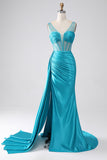 Turquoise Mermaid V-Neck Sweep Train Pleated Corset Beaded Ball Dress