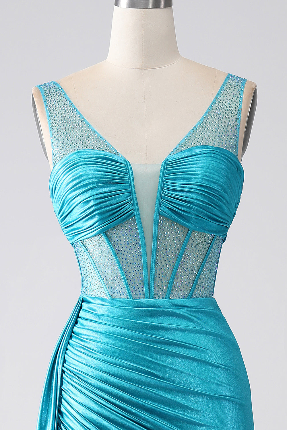 Turquoise Mermaid V-Neck Sweep Train Pleated Corset Beaded Ball Dress