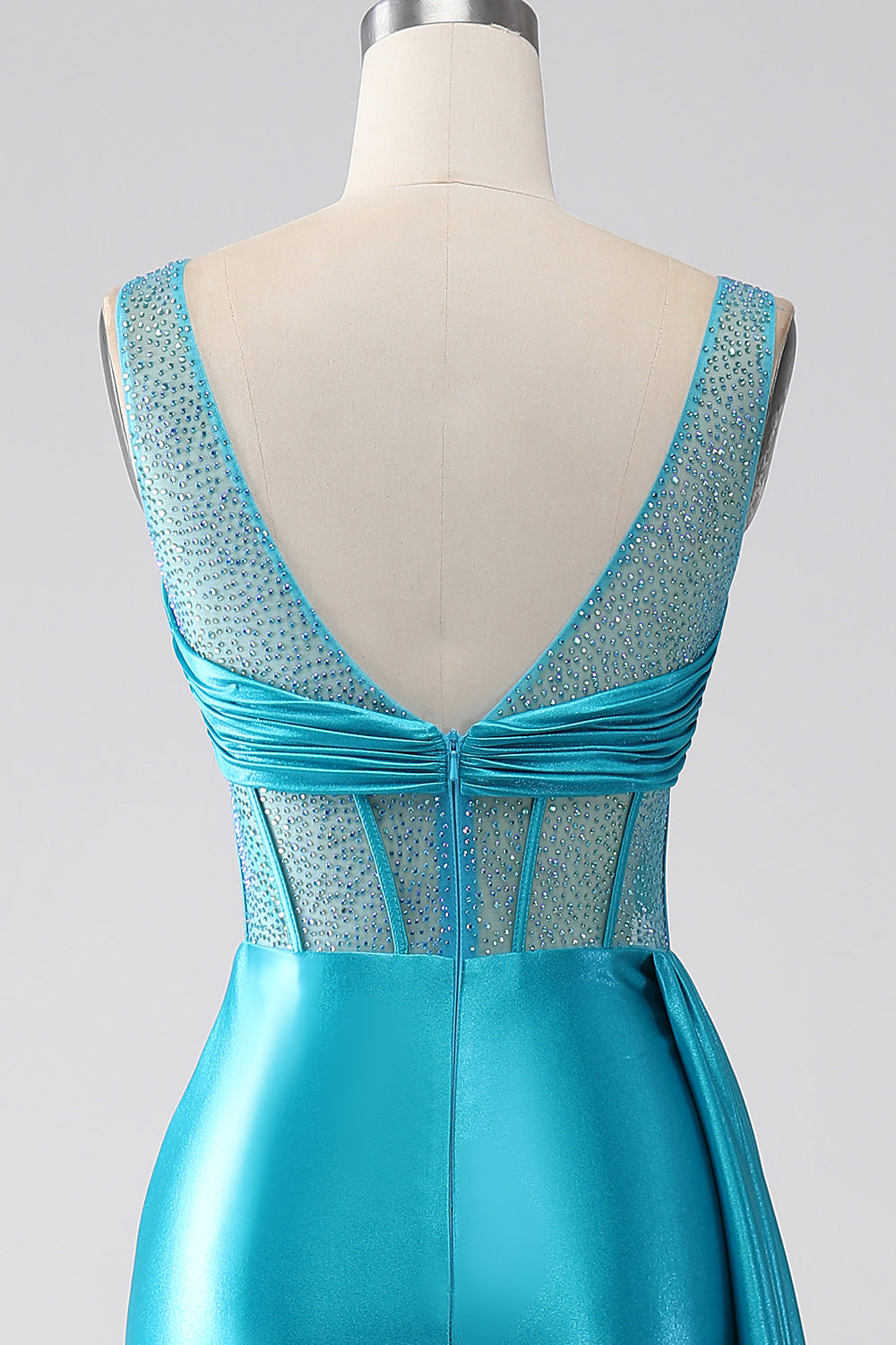 Turquoise Mermaid V-Neck Sweep Train Pleated Corset Beaded Ball Dress