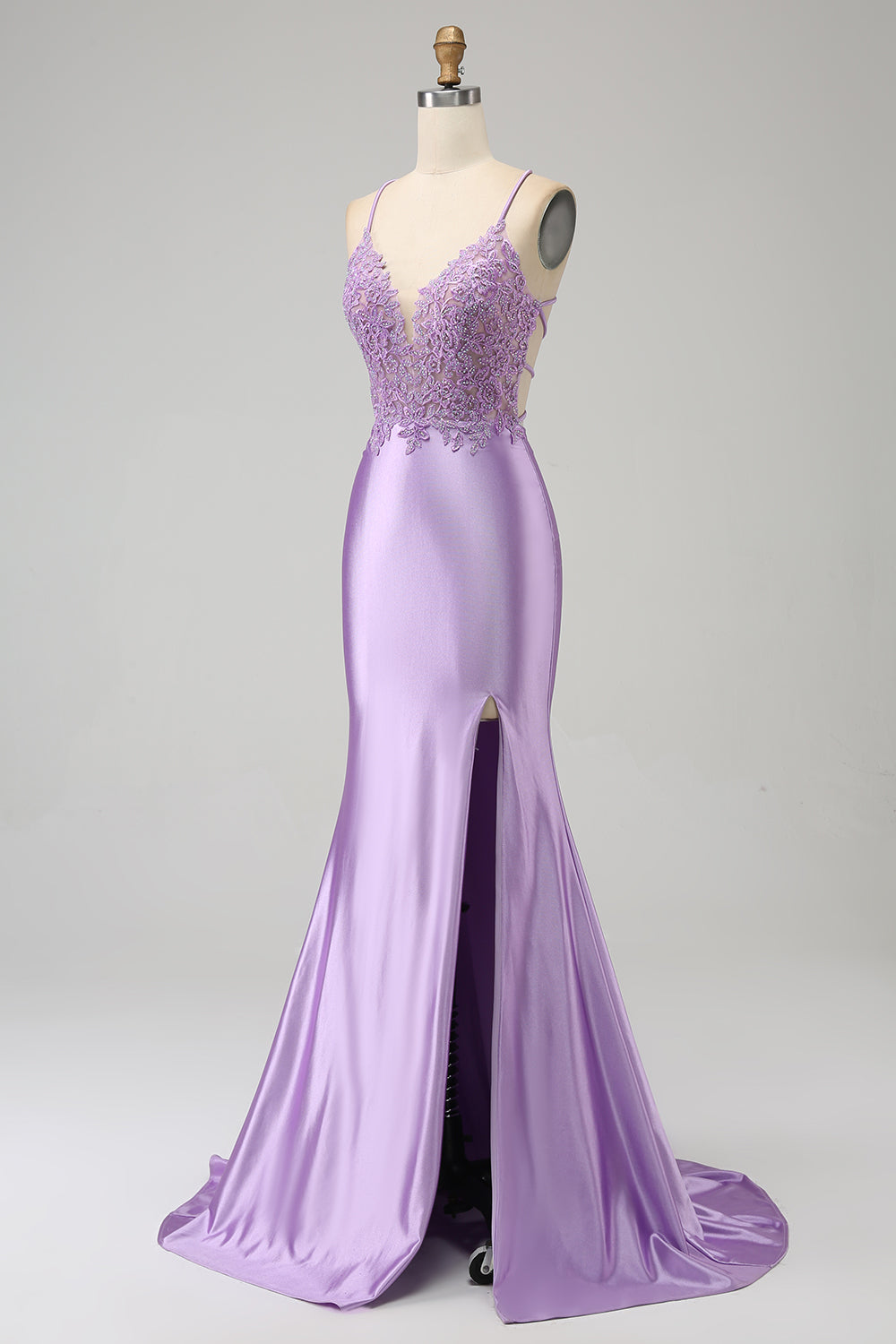 Stylish Mermaid Spaghetti Straps Lilac Long Ball Dress with Appliques Slit