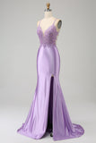 Stylish Mermaid Spaghetti Straps Lilac Long Ball Dress with Appliques Slit