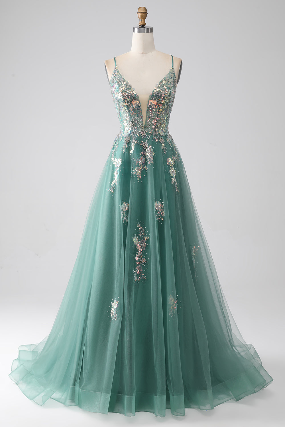 Glitter Green A-Line Spaghetti Straps Long Ball Dress With Sparkly Sequin Appliques