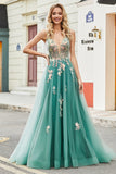 Glitter Green A-Line Spaghetti Straps Long Ball Dress With Sparkly Sequin Appliques