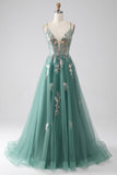 Green A-Line Spaghetti Straps Long Ball Dress With Sparkly Sequin Appliques