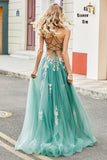 Glitter Green A-Line Spaghetti Straps Long Ball Dress With Sparkly Sequin Appliques