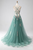 Glitter Green A-Line Spaghetti Straps Long Ball Dress With Sparkly Sequin Appliques