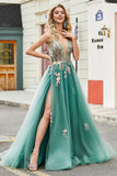 Glitter Green A-Line Spaghetti Straps Long Ball Dress With Sparkly Sequin Appliques