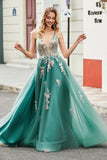 Glitter Green A-Line Spaghetti Straps Long Ball Dress With Sparkly Sequin Appliques