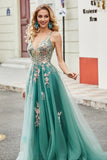 Glitter Green A-Line Spaghetti Straps Long Ball Dress With Sparkly Sequin Appliques