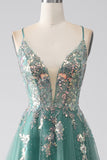 Green A-Line Spaghetti Straps Long Ball Dress With Sparkly Sequin Appliques